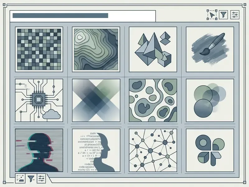 Grid of twelve distinct artistic styles displaying various abstract patterns and conceptual graphics