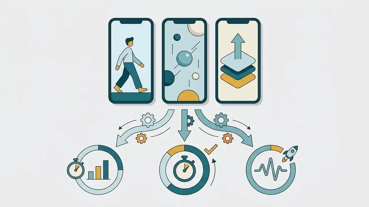 Three vertical smartphone screens feeding into gear mechanisms that power timing and performance indicators
