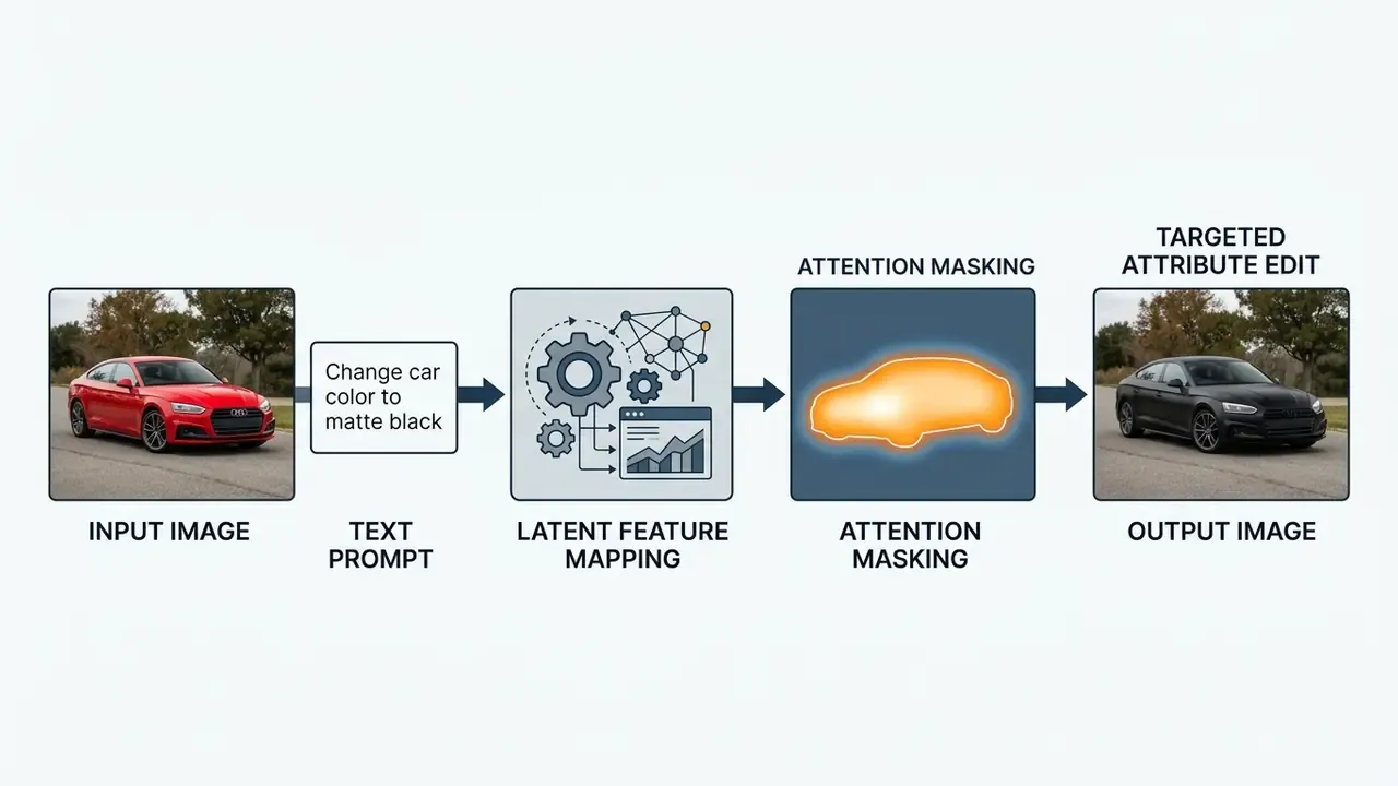Diagram showing an AI editing software process that transforms a red car into a matte black one