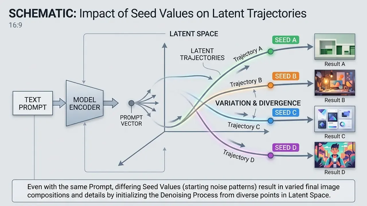 Schematic diagram showing how different seed values create unique latent trajectories leading to varied image outputs