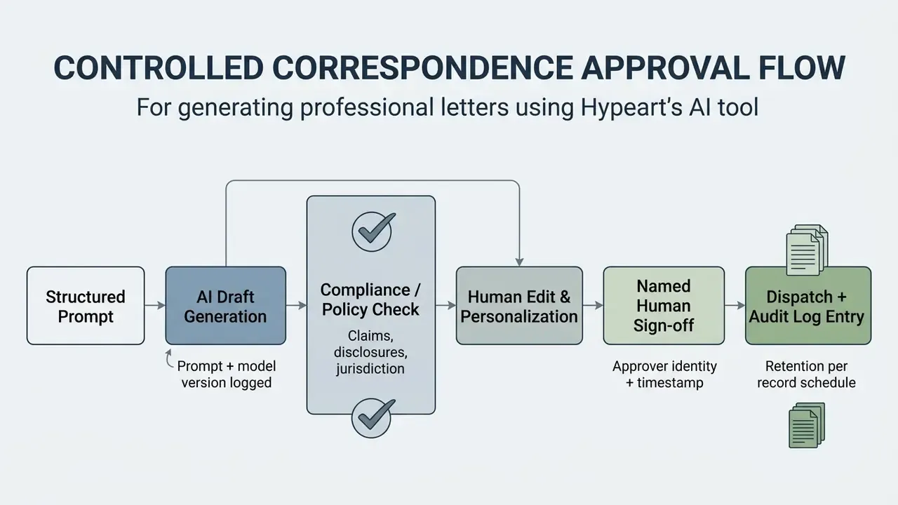 Step-by-step flowchart showing the lifecycle of a professional letter from initial prompt to audit log