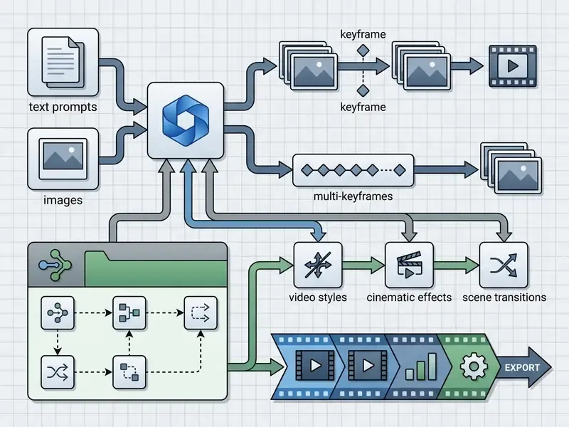 Diagram showing how text and image inputs are processed into video through Luma AI workflow modules