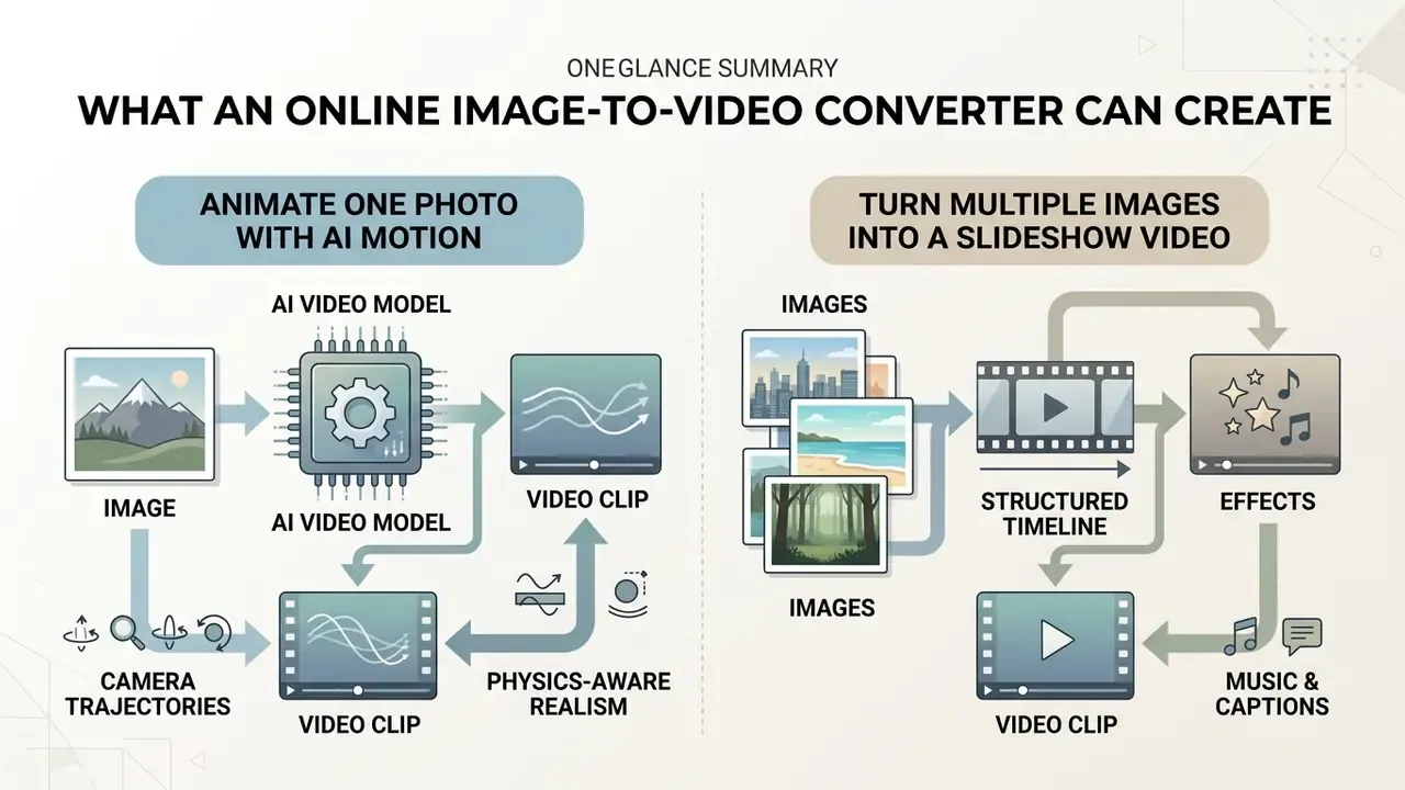 Diagram comparing AI motion animation for single photos and slideshow creation for multiple images