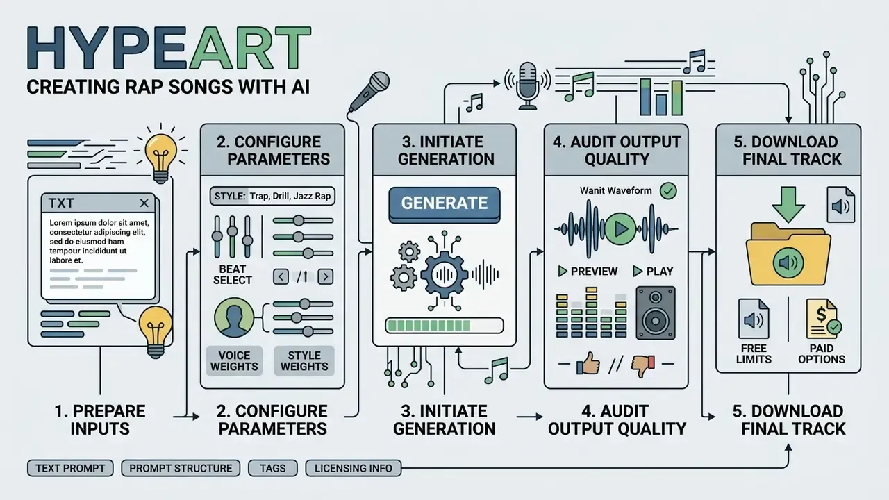 Five step workflow diagram for an AI rap song generator showing input, configuration, and download stages