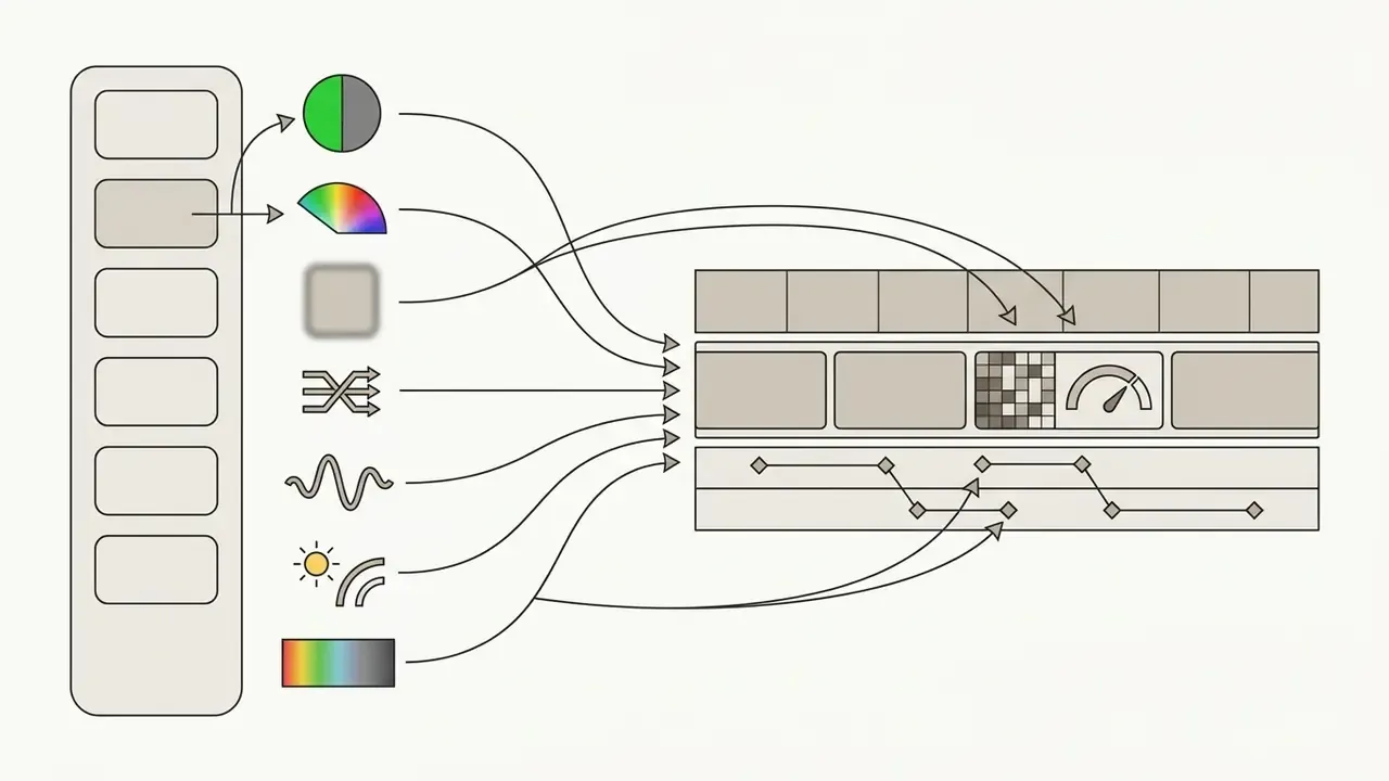 Icons of video filters being dragged from a sidebar menu onto clips in a multi-track editing timeline