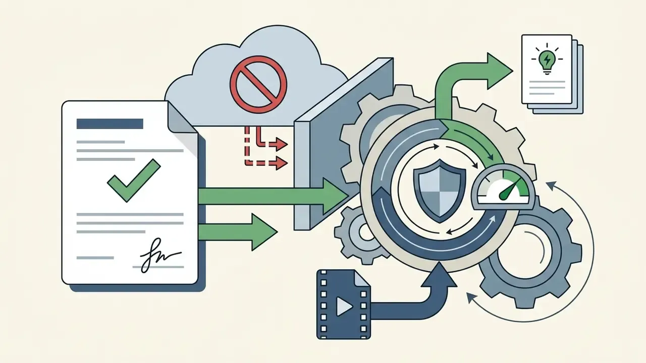 Signed contract document feeding into a gear mechanism that processes video files into output notes