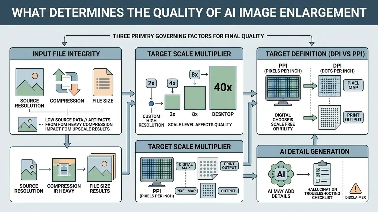Diagram showing input integrity, scale multipliers, and resolution settings affecting output quality