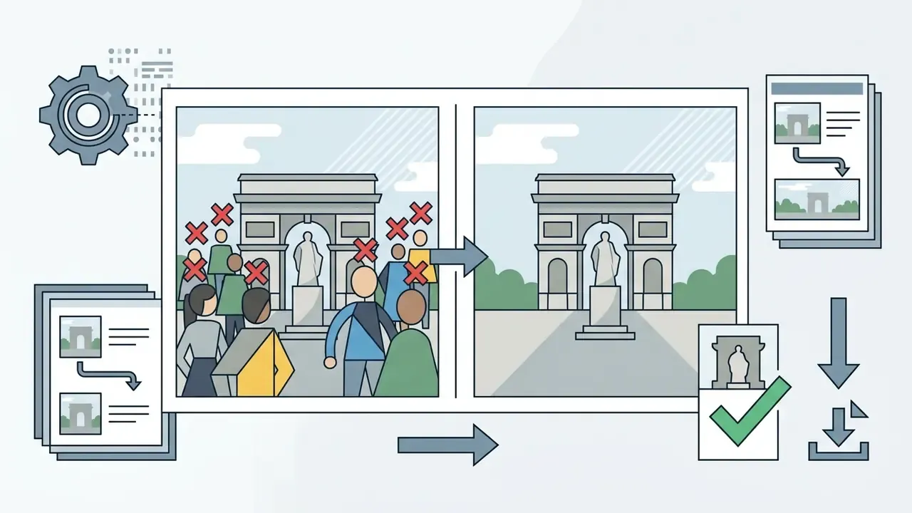 Side by side comparison of a crowded landmark photo before and after removing the tourists