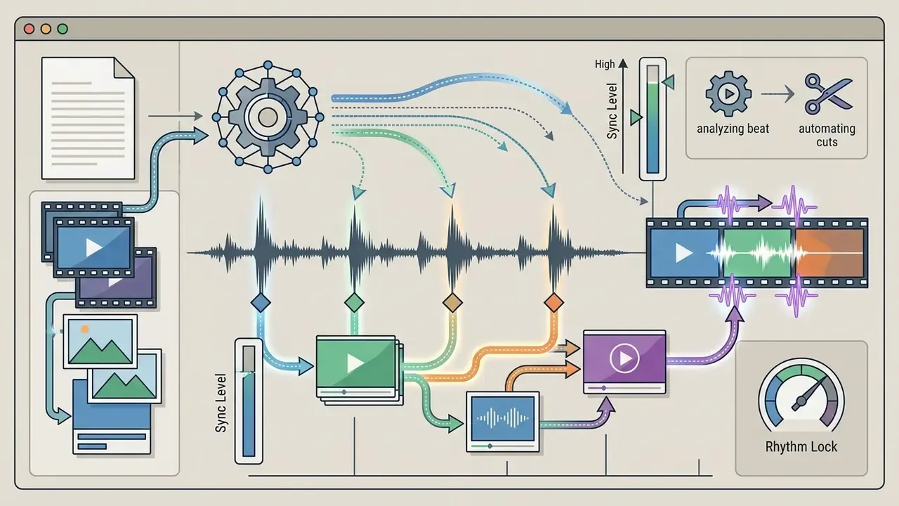 Software interface showing audio waveform analysis to automate video cuts and rhythm synchronization