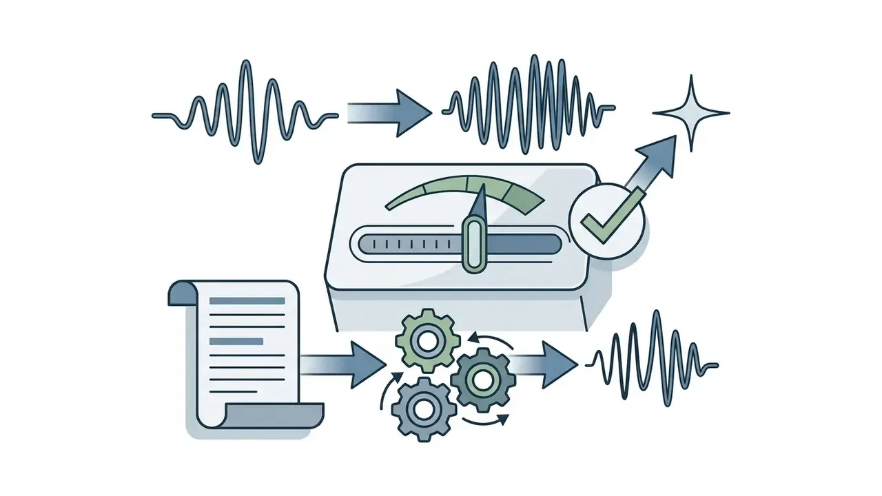 Audio waveforms and a document processed through a slider control and gears to refine speech output