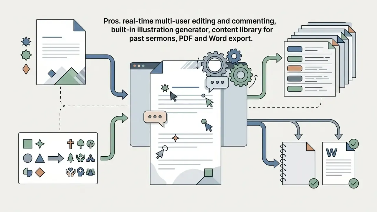Document and icon inputs feeding into a collaborative editor that exports to PDF and Word files