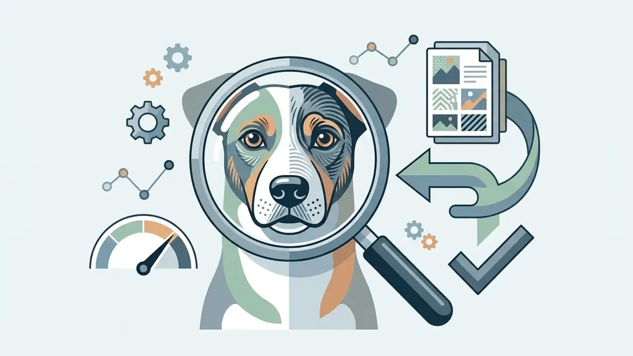 Magnifying glass focused on a dog face surrounded by gears, data charts, and a document processing cycle
