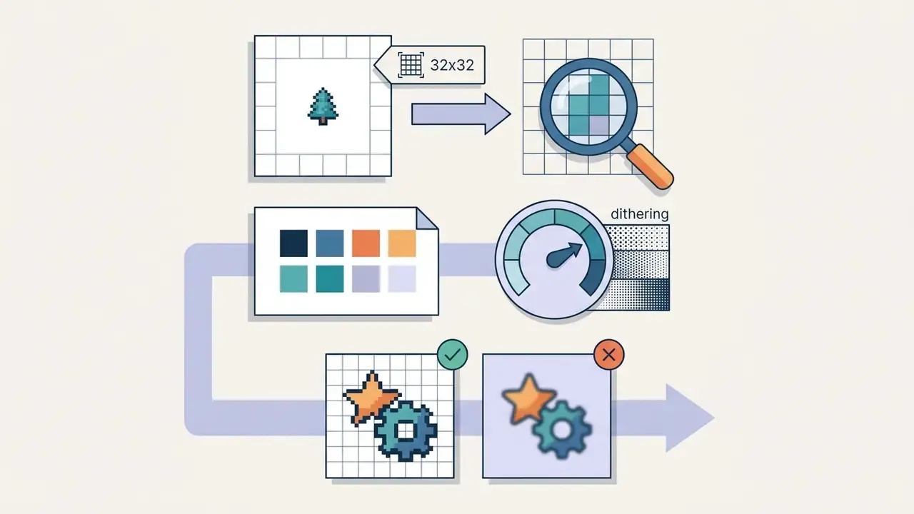 Pixel art process showing grid resolution, color palette, dithering patterns, and sharp versus soft output