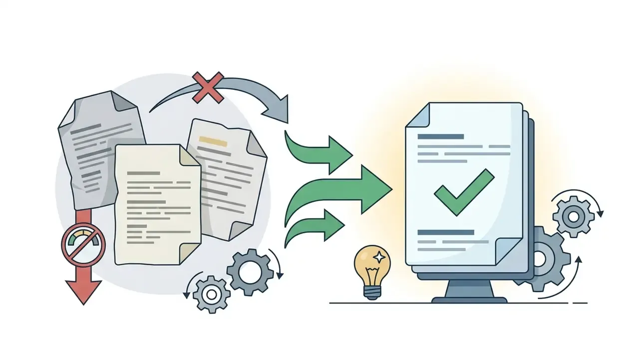 Papers moving through gears and arrows toward a screen displaying a document with a green checkmark