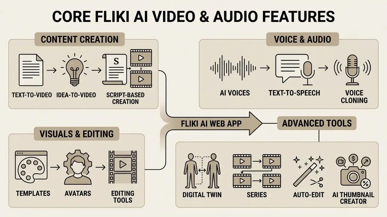 Diagram detailing content creation, voice, visual, and advanced tools within the Fliki AI web application