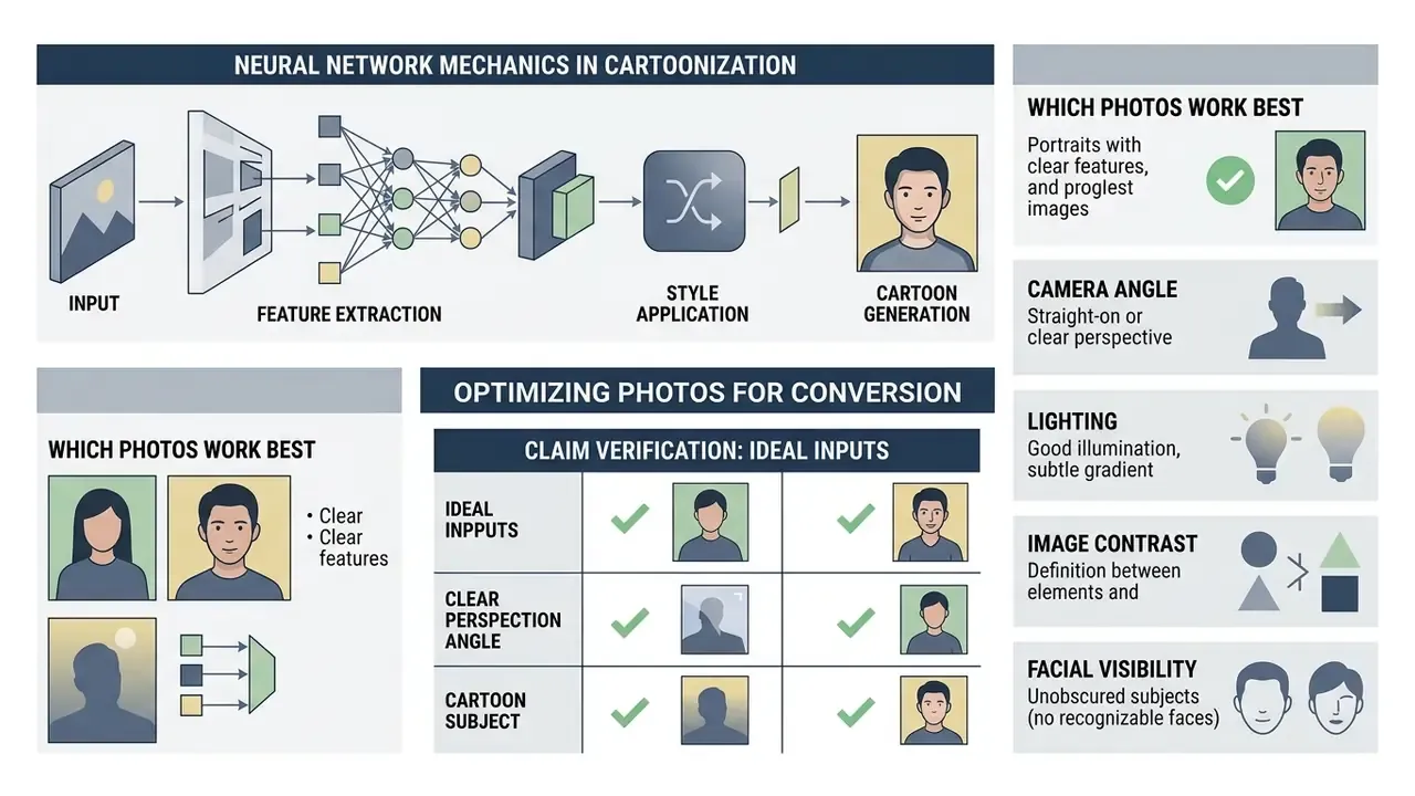 Infographic detailing neural network processes and optimal photo criteria for stylized image conversion