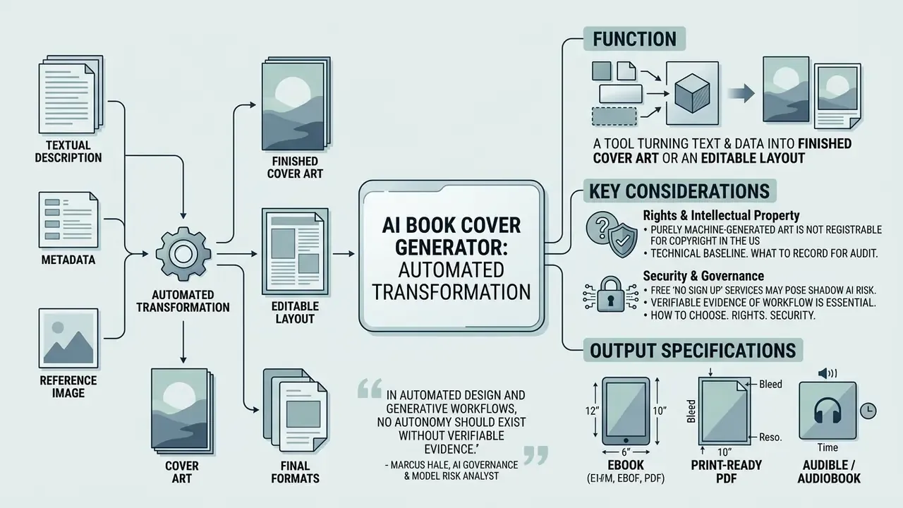 Flowchart showing how an AI book cover generator transforms text and data into finished design assets