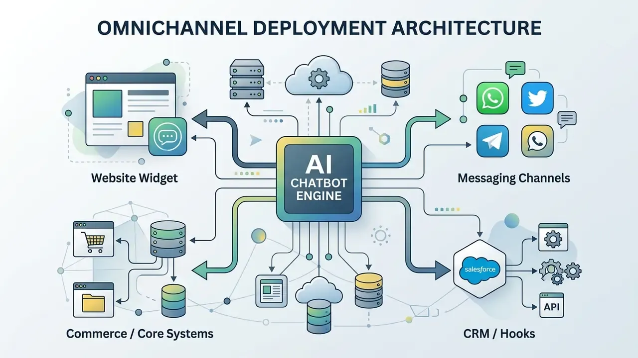 Central AI engine connected to website widgets, messaging channels, commerce systems, and CRM integrations