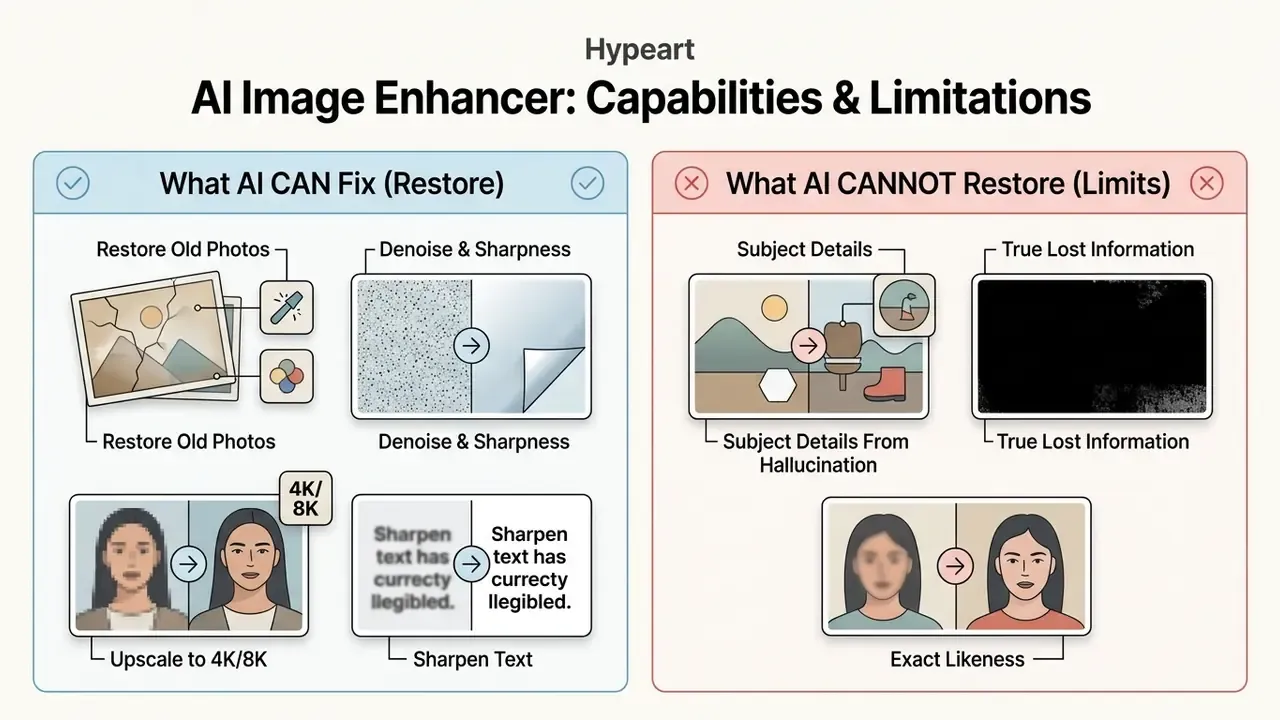 Comparison chart detailing the restoration capabilities and inherent limitations of generative models