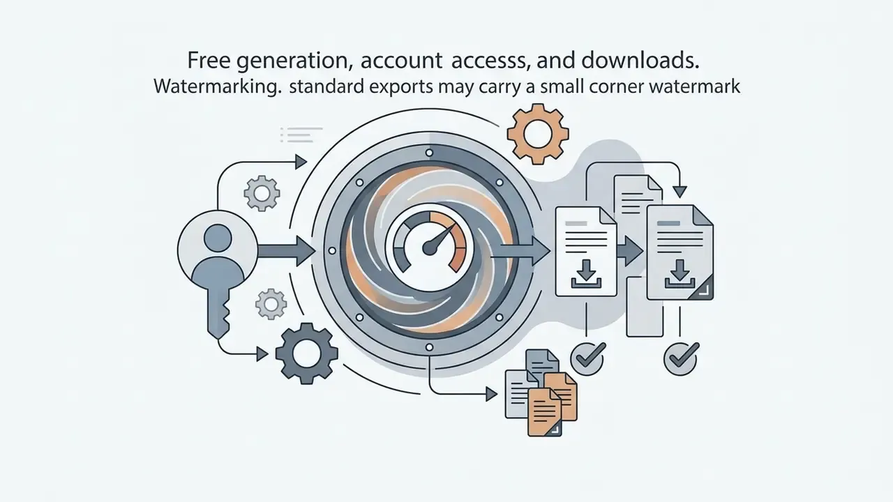 User icon with key feeding into a gear and gauge system to export documents with download checkmarks