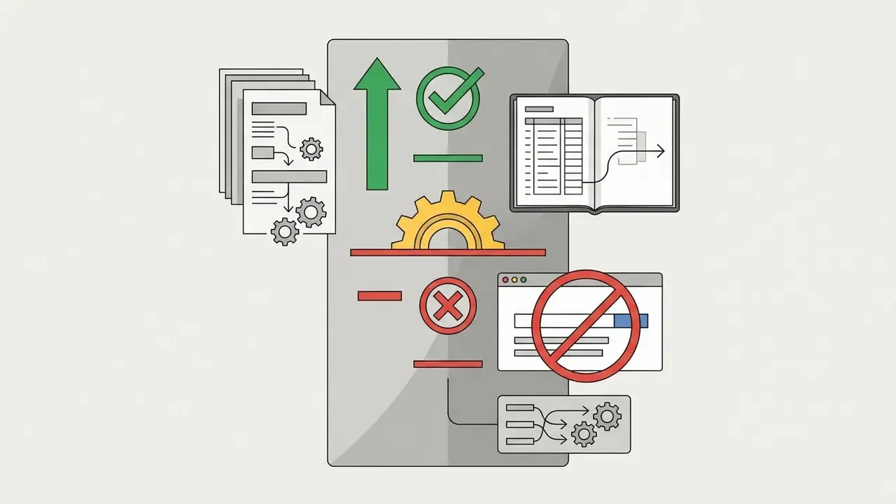 Documents and data tables feeding into a gear-driven system that separates approved tasks from blocked ones