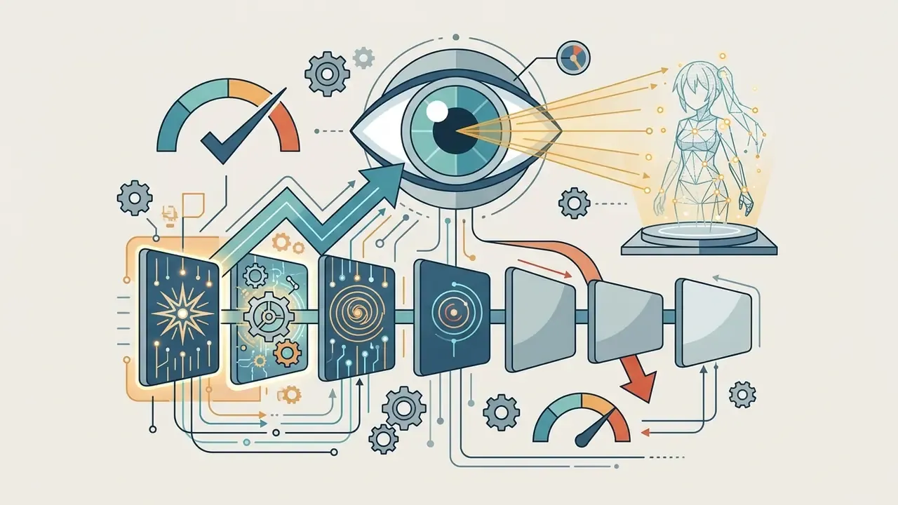 Stylized eye scanning a wireframe anime character model connected to a sequence of data processing blocks