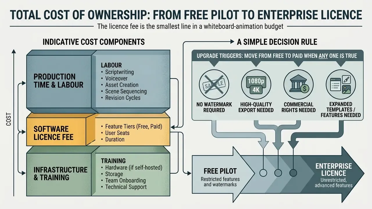 Breakdown of whiteboard animation costs comparing labour and software fees against upgrade triggers
