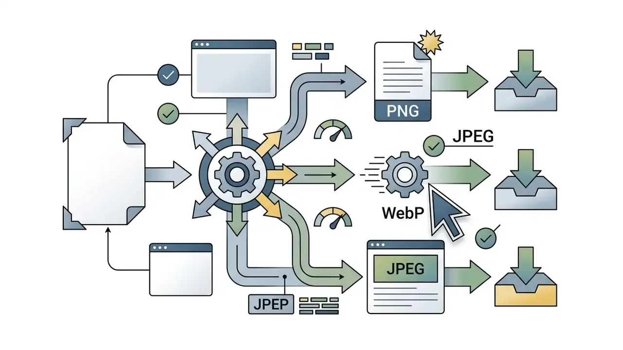 Central gear mechanism directing file data toward PNG, WebP, and JPEG format icons for final download