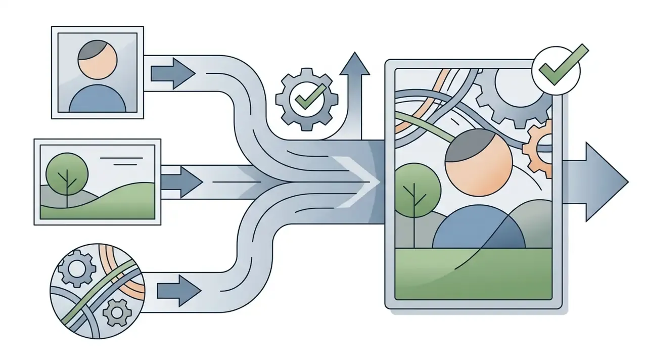 Three distinct visual inputs merging through a central processing system into a single cohesive output