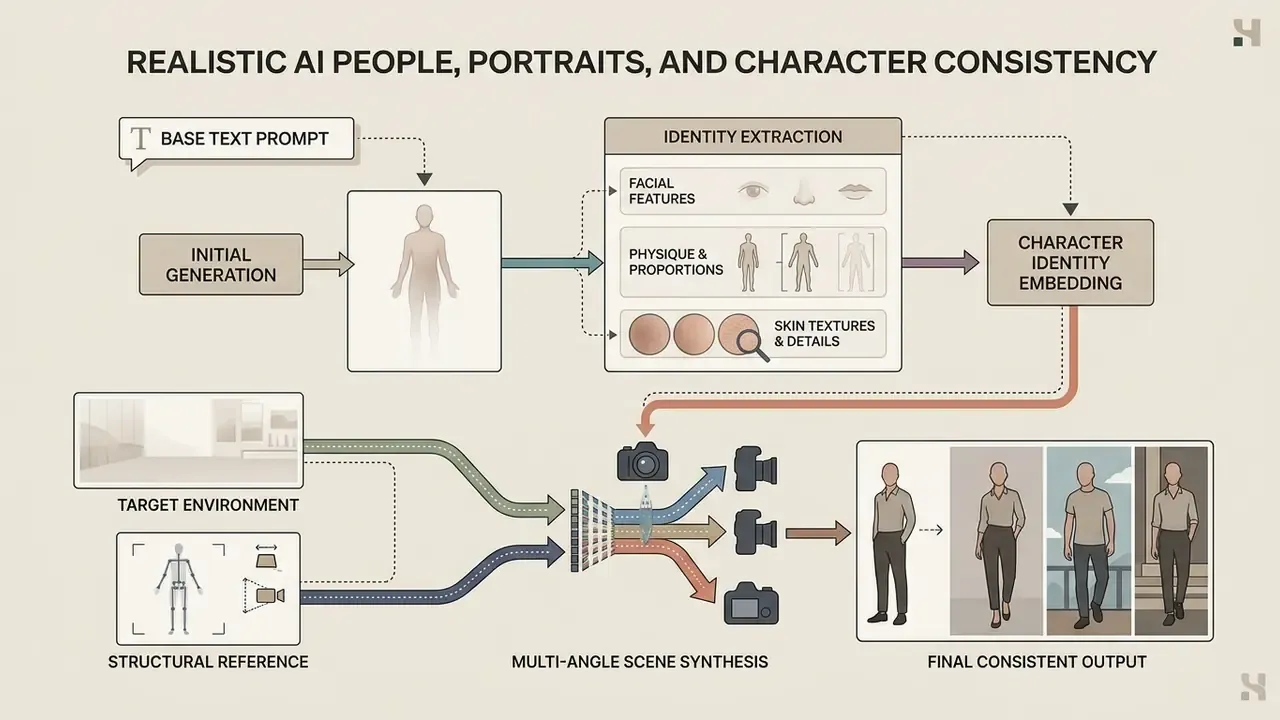 Flowchart illustrating a character consistency pipeline for a realistic AI image generator