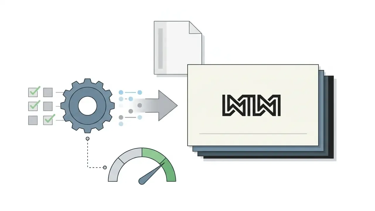 Checklist and gear mechanism processing data into a stack of off-white executive business cards