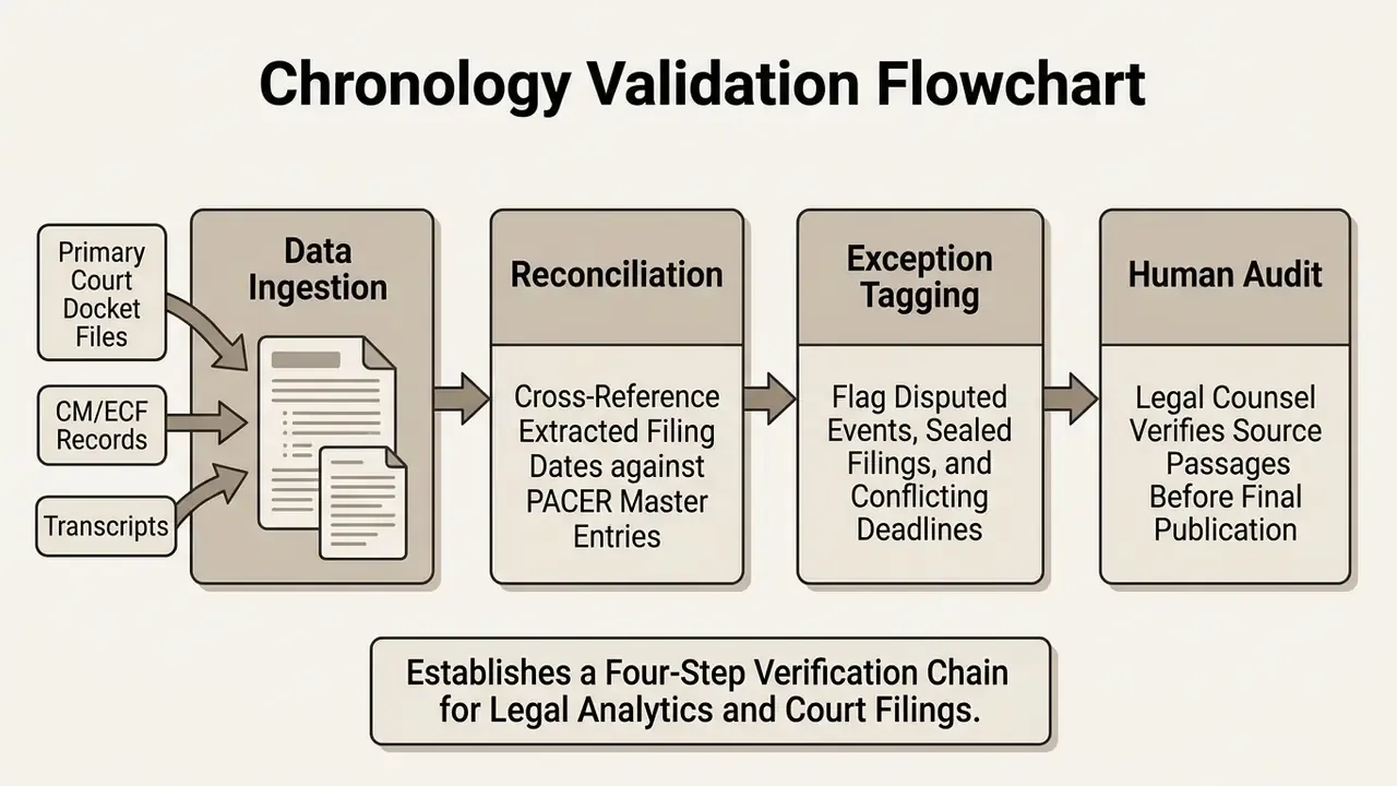 Four-step process for legal document validation including data ingestion, reconciliation, tagging, and audit