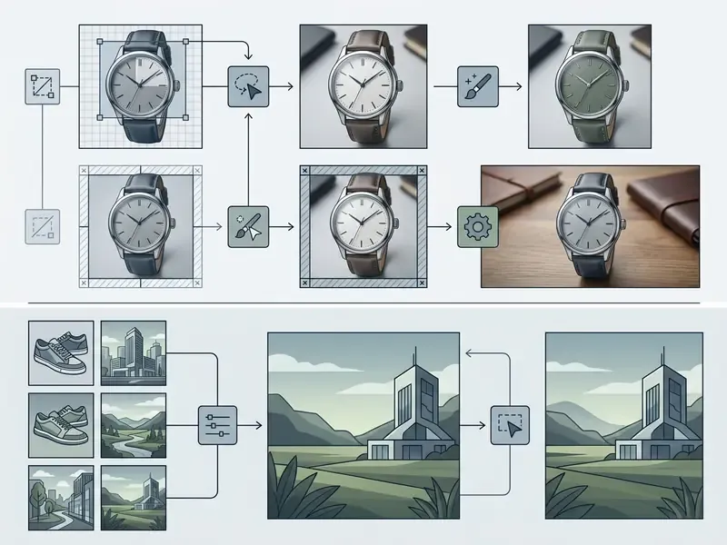 Visual guide showing AI tools for inpainting watch colors and outpainting background scenes
