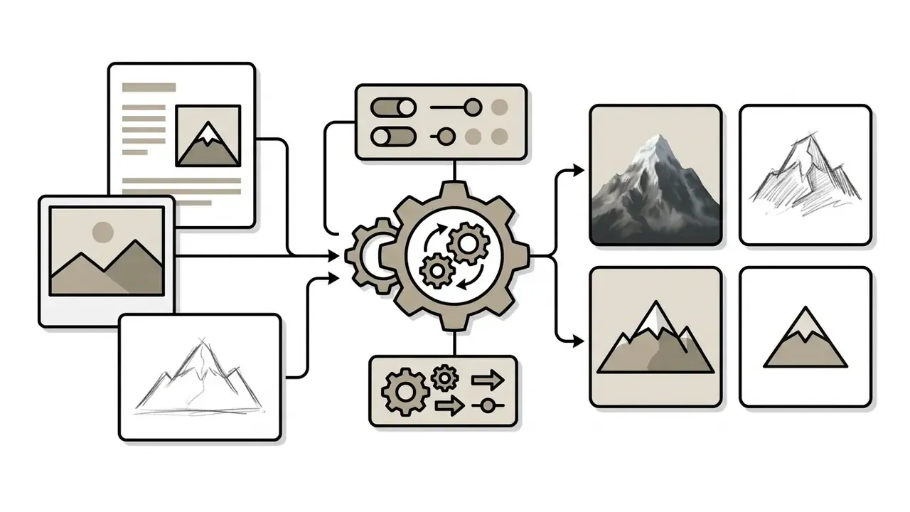 Inputs feeding into a central gear mechanism to generate varied mountain art styles