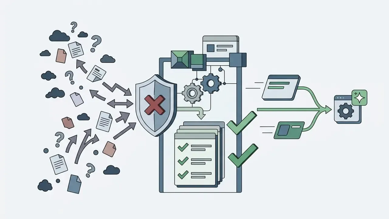 Unorganized documents and question marks being filtered by a shield into an approved register of tools