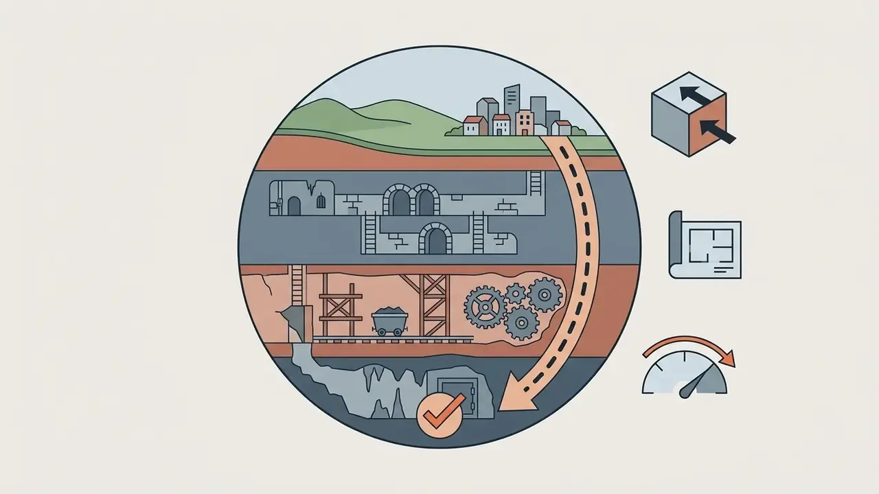 Circular cross-section of earth layers with city, dungeon, and mine icons alongside technical symbols