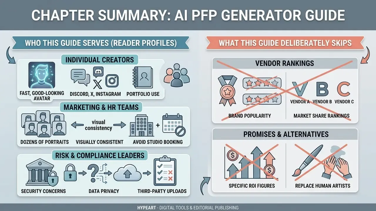 Infographic outlining target reader profiles for an AI PFP generator guide and topics excluded from coverage