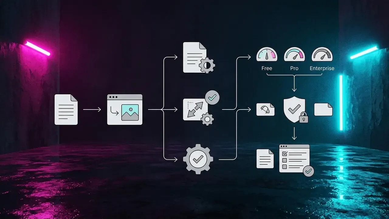 Workflow showing document processing and security features across free, pro, and enterprise tiers