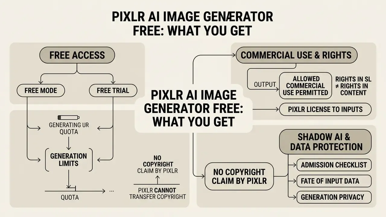 Flowchart outlining free access, commercial rights, and data protection policies for generative tools