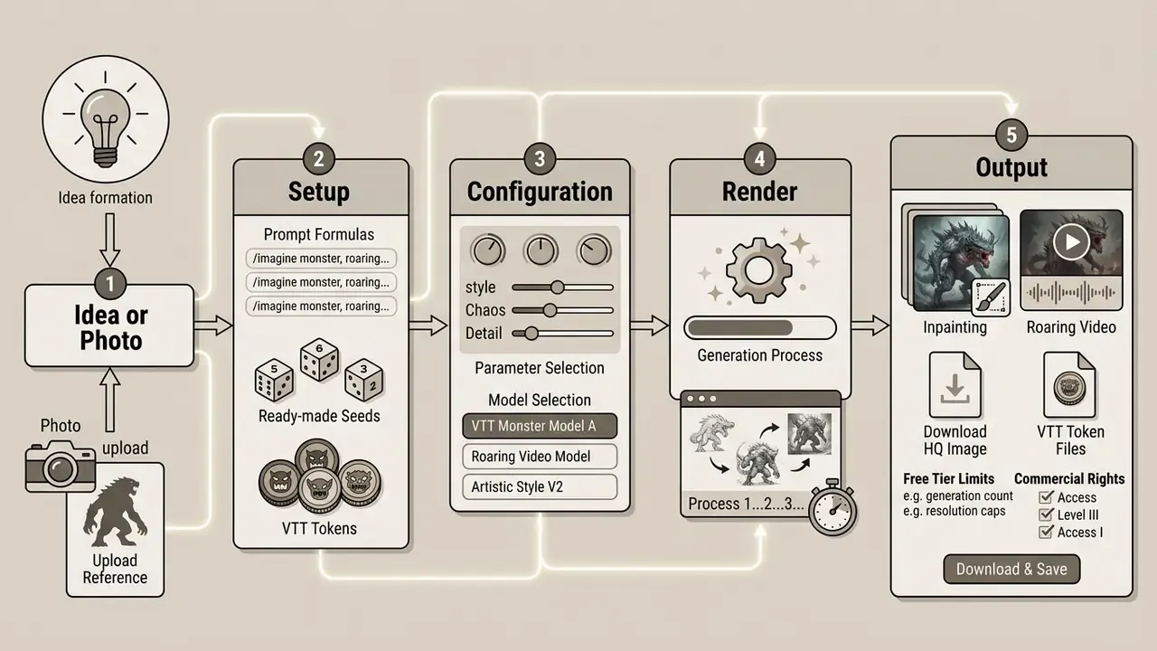 Five stage diagram detailing the technical workflow for creating an ai monster from concept to final export