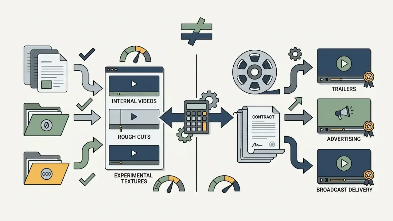 Calculator separating free CC0 assets from paid contracts for trailers, advertising, and broadcast media