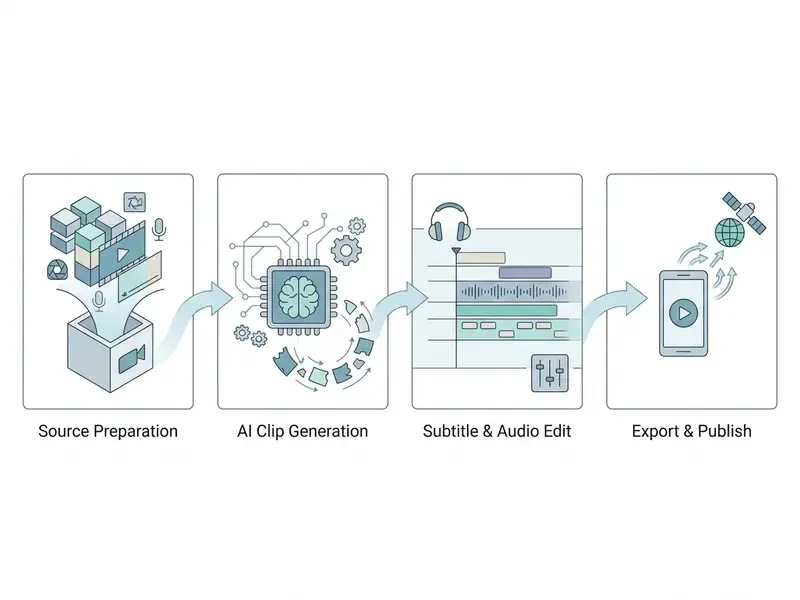 Four sequential stages showing data preparation, AI processing, media editing, and final digital publishing