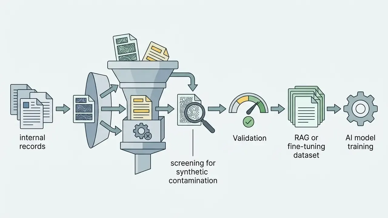 Internal records flowing through a funnel for cleaning and synthetic contamination screening before training