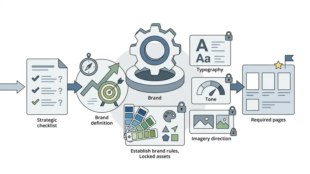 Strategic checklist leading to brand definition and locked assets for typography, tone, and imagery