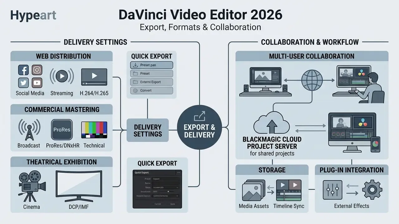 Infographic detailing DaVinci video editor export settings, cloud collaboration, and project workflows