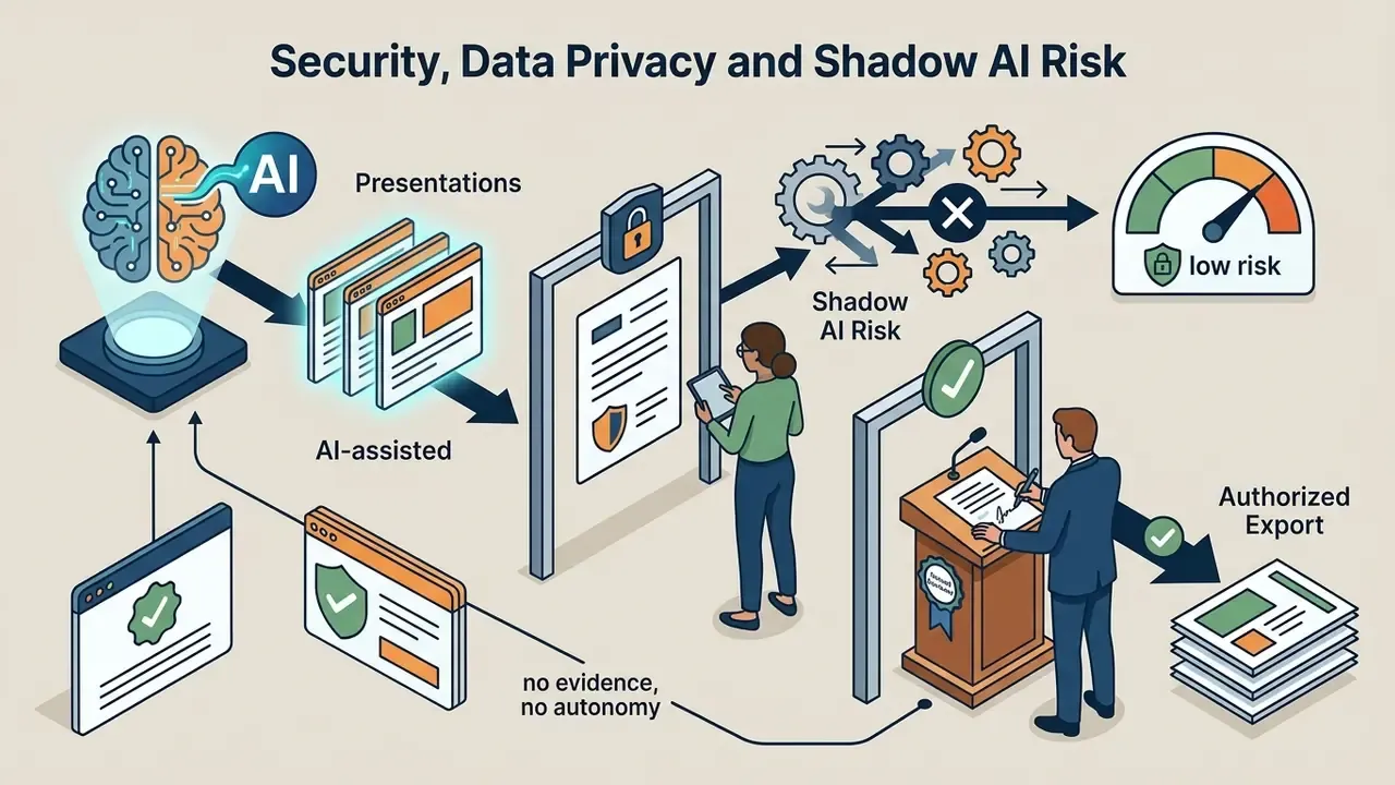 Person reviewing AI-generated documents at a podium before final authorized export