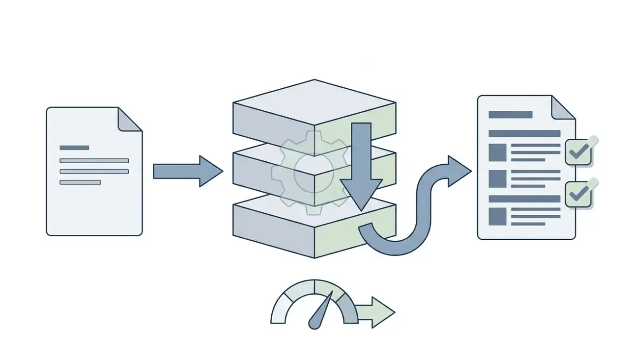 Document feeding into a layered processor that outputs a structured list with checkmarks