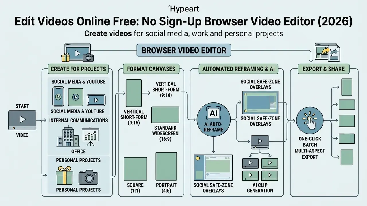 Workflow diagram showing how to edit videos online free from project creation to automated AI export