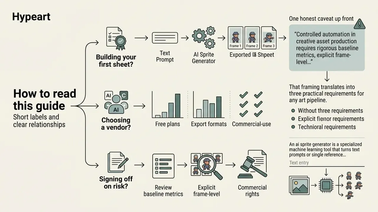 Three distinct reading paths for navigating an ai sprite generator guide through icons and text labels