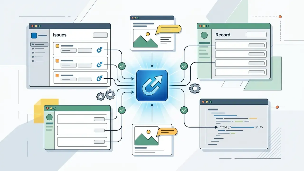 Central icon connecting multiple software windows and code snippets via verified link pathways